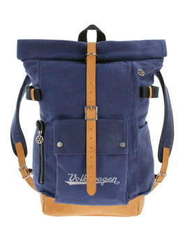 VW Vintage Rolltop Rucksack blau/sattelbraun
