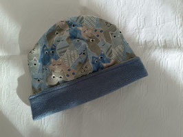 Beanie, auf beide Seiten tragbar, Katzen blau, beige
