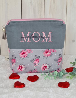 I love you Mom - grau rosa mit Rosenstoff
