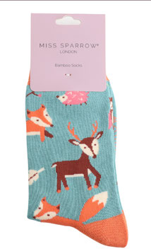 Miss Sparrow Socken Bamboo, Woodland Animals duck egg