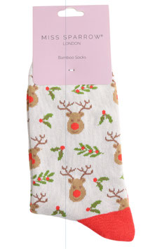 Miss Sparrow Socken Bamboo, Reindeer & Holly silver