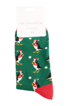 MR Sparrow Herren Socken Bamboo, Xmas Puffins dark green