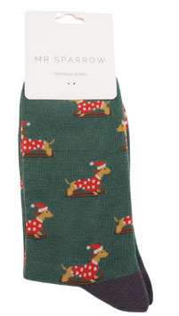 MR Sparrow Herren Socken Bamboo, Skiing Sausage Dogs green