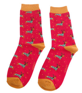 Miss Sparrow Socken Bamboo, Xmas Sausage Dogs dark red