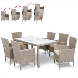 Tavolo 150+6 sedie impilabili Rattan grigio/beige