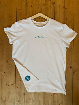 organic t-shirt, weiß/neonblau.
