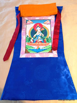 Thangka weiße Tara Grüntöne  und blaue Umrandung