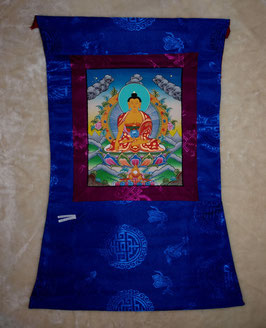 Thangka Gautama Buddha, Shakjamuni Grüntönein Blauumrandung