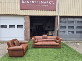 Bank BAXTER Alfred P bankstel bruin buffel leer + fauteuil + GRATIS BEZORGING!