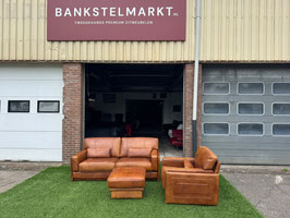Bankstel Arcon  bruin buffel leer bank met fauteuil+hocker + Gratis bezorging!
