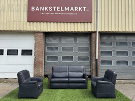Bankstel SENIOREN Mecam blauwe leer 2,5 zit bank+2 fauteuils (verkocht)