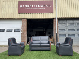 Bankstel SENIOREN Mecam blauwe leer 2 zit bank +2 fauteuils + Gratis bezong!