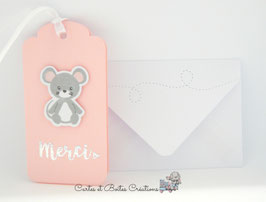 3 cartes remerciements cadeaux naissance - Souris Rose