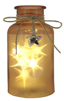 Glas-Flasche orange mit 6 LED Sternenlicht