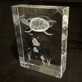Glas Block Kristall Klar mit einer Schildkröte und drei Fische Große 20 cm x 15 cm x 5 cm Alle Kanten und Flächen geschliffen und poliert 3,7 Kg