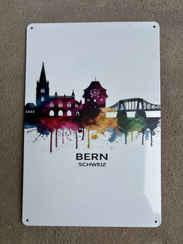 Metallschild Bern Skyline – Künstlerisches Blechschild mit Farbklecks | Schweiz Wanddeko