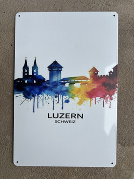 Metallschild Luzern – Farbklecks Skyline Blechschild | Vintage Wanddeko Schweiz Stadtmotiv