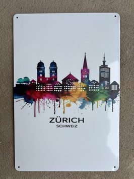 Blechschild Zürich Skyline – Modernes Blechschild mit Farbklecks Design | Schweiz Wanddeko