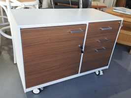 White & Timber Look Metal Credenza on Wheels with Keys