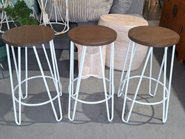 Set 3 White Metal Round Timber Top Stools