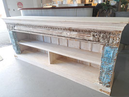 Rustic Indian Carved White & Blue Timber Lowline Shelves / Sideboard