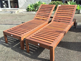 Pair "Ikea" Hardwood Adjustable Sun Loungers with Black Cushions