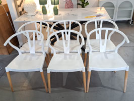 Set 6 White Plastic & Timber Wishbone Dining Chairs