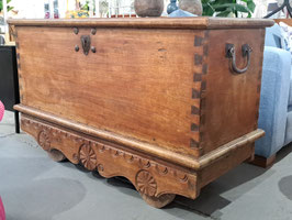 Vintage Asian Wooden Storage Trunk on Wheels with Key