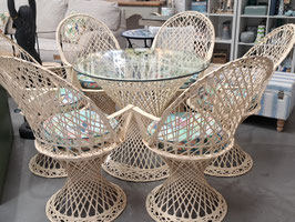 "Russell Woodard" Vintage Cream Spun Fibreglass Round Glass Top Weatherproof 7 Pce Dining Set