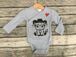Body Langarm Gr. 62/68 hellblau Kuh mit Hut und Herz