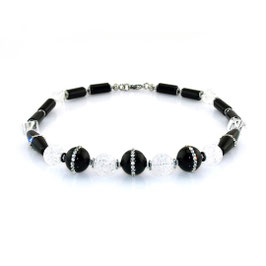 Halskette aus Onyx und Bergkristall mit Strass