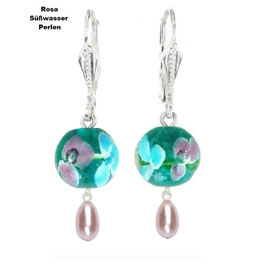 Kristall-grün-65 Ohrringe wie Muranoglas 3 Stiefmütterchen + rosa Süßwasserperlen