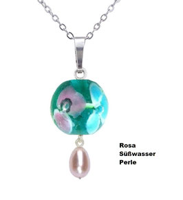 Kristall-grün-66 Anhänger Glas Kugen 3 Stiefmütterchen Blumen, mit rosa Süßwasserperlen