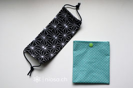 Maskentäschli - Punkte mint-weiss mit grünem Druckknopf