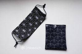 Maskentäschli - Dunkelblau japanisches Muster weiss mit Silberdruckknopf