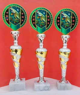 NEU!! 3er Serie Hecht in Bicolor Pokale mit hochwertigem Metall Emblem incl. Gravur