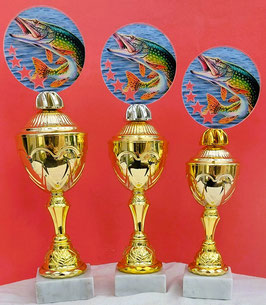 3er Serie Acryl Pokale Angeln:  Hecht, Karpfen oder Barsch Gravur Pokal gold