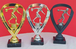 Sportfigur Bowling Damen in Gold Silber und Bronze im Bogen
