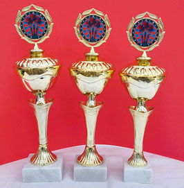 Spar Preis!! 3er Serie Darten Acrly Emblem Turnier Dart Pokal Gold NEU