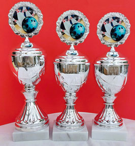 3er Serie Pokale Pokal Bowling Pin Acryl Emblem Pokal inkl.Gravur