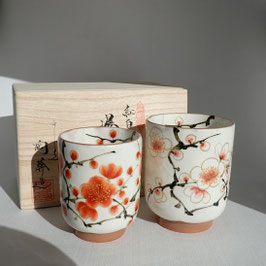 Touan paired Teacups "Ume - plum blossoms red & white"