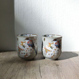 Kutani Paired Teacups "Gold leaf, sakura and bird"