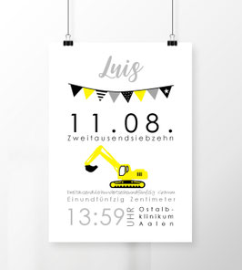 Geburtsdatenposter - Bagger - Modern