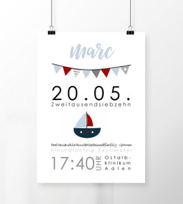 Geburtsdatenposter - Segelboot - Modern