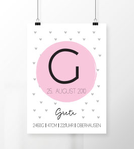 Geburtsdatenposter - Herzchen - Rosa