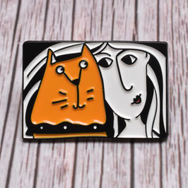 'Marmalady' woman and ginger cat enamel pin badge
