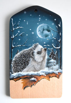 Egeltje in de winter, hand geschilderd op een houten plankje