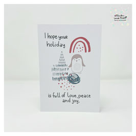 Grußkarte "Love, peace & joy" Pinguin