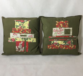 2 Coussins boro mending patchwork kaki
