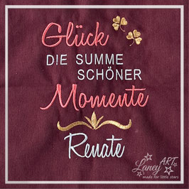 Baumwollbeutel (groß) "Spruch: Glück - Momente & NAME" (Beispiel: Renate)